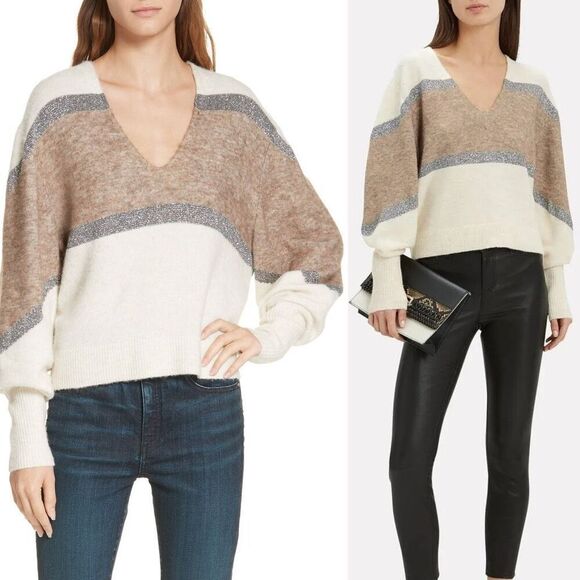Veronica Beard Miley Colorblock V-neck Sweater Ivory Multi Metallic Relaxed sz S - Picture 1 of 9